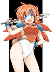 Rule 34 | 1girl, arm up, armor, blue eyes, blue gloves, breastplate, elf, fingerless gloves, gloves, hand on own hip, headband, highres, leotard, long hair, looking at viewer, mail (popful mail), open mouth, orange hair, pauldrons, pointy ears, popful mail, retro artstyle, sakaki (noi-gren), shoulder armor, smile, solo, sword, weapon, white leotard