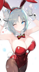 Rule 34 | 1girl, ;), animal ears, armpits, bare shoulders, blue eyes, bow, bowtie, breasts, brown pantyhose, cleavage, closed mouth, commentary request, covered navel, detached collar, fake animal ears, fake tail, gloves, grey hair, hands up, heart, highres, large breasts, leotard, looking at viewer, one eye closed, pantyhose, playboy bunny, rabbit ears, rabbit tail, red bow, red bowtie, red leotard, senran kagura, short hair, signature, smile, solo, tail, white gloves, yaegashi nan, yumi (senran kagura)