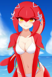 Rule 34 | 1girl, ayatori (aytr), bikini, blue sky, blush, breasts, cleavage, closed mouth, cloud, collarbone, colored skin, commentary request, cowboy shot, day, fish girl, highres, horizon, looking at viewer, medium breasts, mipha, monster girl, navel, nintendo, ocean, red skin, revision, sky, smile, solo, stomach, swimsuit, the legend of zelda, the legend of zelda: breath of the wild, water, white bikini, yellow eyes, zora