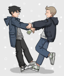 Rule 34 | 2boys, black hair, black jacket, black pants, blue background, blue pants, bottle, brown hair, closed eyes, dancing, drink, facing another, from side, full body, grey background, happy, hood, hood down, hooded jacket, jacket, koarai noboru, laughing, leaning back, looking at another, multiple boys, nana 0253, okudera tsuneyuki, open mouth, outstretched arms, pants, pocket, profile, shirt, shoes, short hair, sneakers, standing, standing on one leg, untucked shirt, white footwear, world trigger