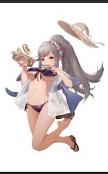 Rule 34 | 1girl, artist request, azur lane, bikini, blue butterfly, bow, braid, breasts, bug, butterfly, butterfly hair ornament, crown braid, doughnut, dunkerque (azur lane), dunkerque (summer sucre) (azur lane), eating, food, front-tie bikini top, front-tie top, full body, grey hair, hair ornament, hat, hat bow, bug, large breasts, purple bikini, red eyes, see-through, simple background, straw hat, sun hat, swimsuit, white background, white bow