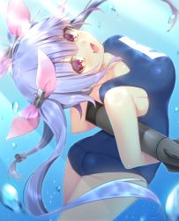 Rule 34 | 10s, 1girl, :d, ass, blue hair, blurry, breasts, depth of field, fang, hair ribbon, highres, i-19 (kancolle), kantai collection, leaning back, long hair, looking at viewer, name tag, navy (navy.blue), ocean, open mouth, orange eyes, ribbon, school swimsuit, smile, solo, submerged, swimsuit, torpedo, tri tails