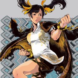 Rule 34 | 1girl, black hair, black shorts, bracelet, breasts, brown eyes, china dress, chinese clothes, dress, highres, jbstyle, jewelry, ling xiaoyu, medium breasts, medium hair, namco, shorts, solo, tekken, tekken 8, twintails
