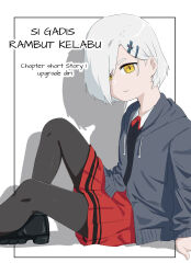 Rule 34 | 1girl, black footwear, black pantyhose, black shirt, closed mouth, cover, cover page, gadis (roh anima), grey hair, grey jacket, hair ornament, hair over one eye, hairclip, highres, hood, hooded jacket, indonesian text, jacket, long sleeves, looking at viewer, neck ribbon, open clothes, open jacket, original, pantyhose, pleated skirt, red ribbon, red skirt, ribbon, roh anima, shadow, shirt, shoes, short hair, skirt, solo, translation request, upper body, yellow eyes