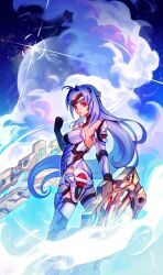 Rule 34 | 1girl, above clouds, alina l, android, asymmetrical gloves, bare shoulders, blue hair, cloud, elbow gloves, fingerless gloves, floating hair, forehead protector, full moon, gloves, highres, kos-mos, kos-mos re:, lens flare, leotard, long hair, moon, red eyes, sky, star (sky), starry sky, thighhighs, very long hair, white leotard, white thighhighs, xenoblade chronicles (series), xenoblade chronicles 2, xenosaga