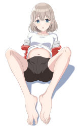 Rule 34 | 1girl, bare legs, barefoot, bike shorts, black shorts, blue eyes, cardigan, earrings, feet, foot focus, foreshortening, highres, idolmaster, idolmaster shiny colors, jewelry, legs, light brown hair, looking at viewer, lying, nanowise, navel, on back, open mouth, serizawa asahi, shirt, short hair, shorts, solo, spread toes, toes, white shirt