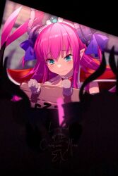 Rule 34 | 3girls, armor, blue eyes, blush, closed mouth, commentary request, dragon girl, dragon horns, echo (circa), elizabeth bathory (brave) (fate), elizabeth bathory (fate), fate/grand order, fate (series), glowstick, hair between eyes, hair ribbon, holding, holding glowstick, horns, long hair, multiple girls, pink hair, pointy ears, purple horns, purple ribbon, ribbon, shoulder armor, silhouette, tearing up, twitter username