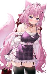 Rule 34 | 1girl, absurdres, animal ear fluff, animal ears, antenna hair, arm garter, bag, bare shoulders, belt, black garter straps, black thighhighs, blush, braid, breasts, buckle, choker, cleavage, closed mouth, cowboy shot, detached sleeves, dress, frilled dress, frilled sleeves, frills, garter straps, hakui koyori, hat, highres, holding, holding bag, hololive, jewelry, layered dress, long hair, long sleeves, looking at viewer, medium breasts, pink hair, pink tail, purple dress, purple eyes, ring, sleeveless, sleeveless dress, smile, solo, spaghetti strap, tail, thighhighs, twitter username, very long hair, virtual youtuber, white belt, white dress, white hat, white sleeves, wolf ears, wolf girl, wolf tail, yana mori, zettai ryouiki