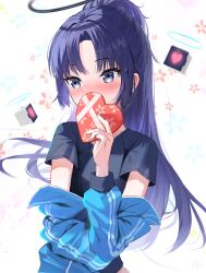 Rule 34 | 1girl, absurdres, blue archive, blush, box, box of chocolates, candy, chocolate, chocolate heart, commentary, covering own mouth, drone, embarrassed, facial tattoo, food, forehead, gift, gym shirt, gym uniform, halo, heart, hidulume, highres, holding, holding gift, jacket, long hair, long sleeves, looking away, official alternate costume, parted bangs, ponytail, purple eyes, purple hair, school uniform, shirt, sidelocks, simple background, solo, symbol-only commentary, tattoo, track jacket, valentine, white background, yuuka (blue archive), yuuka (track) (blue archive)