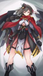 Rule 34 | 1girl, absurdres, armpit cutout, azur lane, bad id, bad pixiv id, black footwear, black gloves, black hair, black hairband, black skirt, boots, braid, braided ponytail, breasts, clenched hand, cloak, clothing cutout, commentary request, crop top, eagle (azur lane), elbow gloves, garter straps, gloves, hair between eyes, hairband, headgear, high-waist skirt, highres, knee boots, large breasts, long hair, looking at viewer, osatou (soul of sugar), pelvic curtain, red cloak, rigging, shirt, sideboob, sidelocks, skirt, solo, standing, thigh strap, underboob, underboob cutout, very long hair, white shirt, wrist cuffs, yellow eyes