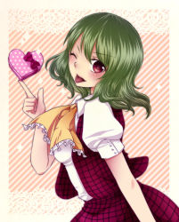 Rule 34 | 1girl, ;p, ascot, bad id, bad pixiv id, female focus, geike, green hair, heart, kazami yuuka, one eye closed, plaid, plaid skirt, plaid vest, puffy sleeves, red eyes, short hair, short sleeves, skirt, skirt set, solo, striped, striped background, tongue, tongue out, touhou, vest, wink