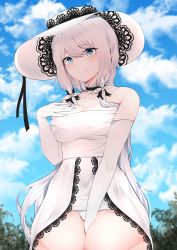 Rule 34 | 1girl, absurdres, azur lane, bare shoulders, blue eyes, blue sky, blurry, blurry background, breasts, cleavage, cloud, detached collar, dress, elbow gloves, from below, gloves, hair ornament, hand on own chest, hat, highres, illustrious (azur lane), large breasts, long hair, looking at viewer, looking down, panties, samip, sky, sleeveless, sleeveless dress, solo, strapless, strapless dress, sun hat, thighs, underwear, very long hair, white dress, white gloves, white hair, white hat, white panties