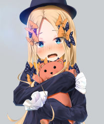 Rule 34 | 1girl, abigail williams (fate), black bow, black dress, black hat, blonde hair, blue eyes, blush, bow, breasts, dress, fate/grand order, fate (series), forehead, grey background, hair bow, hat, highres, long hair, multiple bows, open mouth, orange bow, parted bangs, polka dot, polka dot bow, sakazakinchan, simple background, sleeves past fingers, sleeves past wrists, small breasts, solo, stuffed animal, stuffed toy, teddy bear