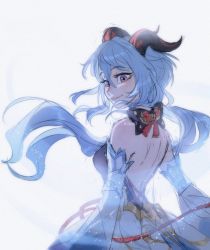 Rule 34 | 1girl, bare back, bare shoulders, blue dress, blue hair, bow, breasts, closed mouth, detached sleeves, dress, eyebrows, eyelashes, female focus, ganyu (genshin impact), genshin impact, glowing, goat horns, hair between eyes, highres, horns, laia, lips, long hair, looking at viewer, looking back, pale skin, pink eyes, simple background, smile, solo, turning head, upper body, white background, wind