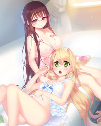 Rule 34 | 2girls, ahoge, arima senka, arima senne, babydoll, barefoot, blonde hair, blush, breasts, brown hair, cleavage, covered erect nipples, flat chest, frilled babydoll, glasses, green eyes, twirling hair, half updo, hand on another&#039;s chest, hand on another&#039;s head, hand on own stomach, highres, hitachi magic wand, kashiwamochi yomogi, lap pillow, large breasts, lingerie, long hair, mole, mole on breast, multiple girls, nipples, no panties, open mouth, original, over-rim eyewear, pink babydoll, playing with another&#039;s hair, red eyes, see-through, semi-rimless eyewear, sex toy, siblings, sisters, sitting, smile, underwear, vibrator, white babydoll, yuri
