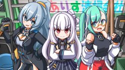 Rule 34 | .live, 3girls, alternate costume, blush, breasts, character name, cleavage, commentary request, crossed arms, glasses, gloves, green hair, grey hair, highres, kagura suzu (.live), looking at viewer, multiple girls, ponytail, rikumu, shizukanahoshi, smile, translation request, virtual youtuber