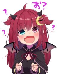 Rule 34 | 1girl, :d, ?, bat wings, black capelet, black dress, blush, capelet, crescent, crescent hair ornament, demon girl, dress, fang, green eyes, hair ornament, heterochromia, highres, horns, long sleeves, looking at viewer, neck ribbon, nijisanji, open mouth, red eyes, red hair, red ribbon, ribbon, simple background, skin fang, smile, solo, transparent background, two side up, utsusumi kio, virtual youtuber, wide-eyed, wings, yuzuki roa