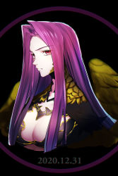 Rule 34 | 1girl, 2020, bare shoulders, breasts, bustier, cleavage, closed mouth, collarbone, dated, fate/grand order, fate (series), female focus, forehead, gorgon (fate), large breasts, long hair, looking at viewer, matching hair/eyes, medusa (fate), medusa (rider) (fate), minami koyogi, parted bangs, purple eyes, purple hair, rider, scales, sidelocks, solo, square pupils, very long hair, wings