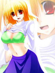 Rule 34 | 00s, 1girl, blonde hair, bra, breasts, cleavage, clothes lift, engo (aquawatery), green bra, highres, large breasts, long skirt, lyrical nanoha, mahou shoujo lyrical nanoha, mahou shoujo lyrical nanoha a&#039;s, mahou shoujo lyrical nanoha strikers, midriff, open mouth, red eyes, shamal, shirt lift, short hair, skirt, solo, underwear