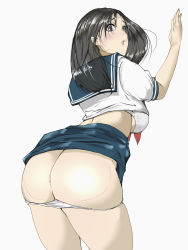 Rule 34 | 1girl, :o, anus, ass, black eyes, black hair, blush, bra, breasts, clothes lift, cowboy shot, female focus, from behind, groin, hand up, highres, ichigo 100 percent, large breasts, legs, long hair, looking back, matching hair/eyes, panties, panty pull, parted lips, school uniform, shirt lift, simple background, skirt, skirt lift, solo, standing, thighs, toujou aya, underwear, wan (13070284), white background
