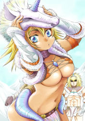 Rule 34 | 1boy, 1girl, abs, armor, armpits, arms up, blonde hair, blue eyes, breasts, capcom, crop top, crossdressing, detached sleeves, faceless, fur, hairband, helm, helmet, horns, jewelry, kirin (armor), large breasts, loincloth, long hair, midriff, monster hunter (series), mountain, navel, necklace, no bra, open mouth, outdoors, pendant, sabusuka, sheath, single horn, sky, spiked hair, standing, strap, sweat, sword, turtleneck, underboob, weapon