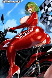 Rule 34 | 1boy, 1girl, aftersex, artist name, ass, biker clothes, bikesuit, bodysuit, breasts, breasts out, character request, cum, cum in pussy, cumdrip, green hair, green lips, high heels, huge ass, huge breasts, kazami yuuka, legs, looking back, motor vehicle, naughty face, nipples, pussy, red eyes, shaded face, short hair, sideboob, smile, thick thighs, thighs, touhou