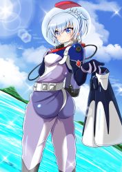 Rule 34 | 1girl, artist request, ass, blue eyes, blue hair, breasts, diving helmet, diving suit, from behind, gloves, helmet, highres, looking at viewer, looking back, ponytail, rwby, scar, scar across eye, shiny clothes, short hair, sideboob, smile, solo, weiss schnee