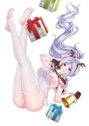 Rule 34 | 1girl, absurdres, alternate costume, bare arms, barefoot, bell, breasts, chungmechanic, feet, fire emblem, fire emblem: genealogy of the holy war, gift, gloves, heel-less heels, highres, ishtar (fire emblem), large breasts, legs, long hair, looking at viewer, nintendo, ponytail, purple eyes, purple hair, sideboob, smile, stirrup legwear, thighhighs, thighs, toeless legwear, white background