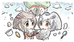 Rule 34 | 2girls, appleq, blue sky, blush, brown eyes, brown hair, brown jacket, brown wings, carrot, chips (food), cloud, commentary request, cooking pot, cropped torso, curry, curry rice, day, eurasian eagle owl (kemono friends), feeding, food, fur collar, grey hair, grey jacket, grey wings, hair between eyes, head wings, heart, highres, holding, holding plate, holding spoon, jacket, kemono friends, ladder, long sleeves, magnifying glass, multicolored hair, multiple girls, northern white-faced owl (kemono friends), outdoors, plate, potato chips, rice, sky, spoon, tree, two-tone hair, upper body, white hair, wings