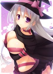 Rule 34 | 1girl, absurdres, ayachi nene, belt, belt bra, blush, border, bow, breasts, cleavage, collar, hat, heart, highres, large breasts, long hair, looking at viewer, muririn, outline, outside border, purple eyes, sanoba witch, silver hair, smile, solo, star (symbol), starry background, white border, witch hat, yuzu-soft, yuzu modoki