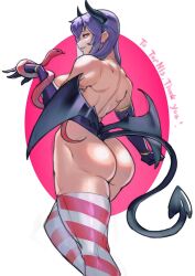 Rule 34 | 1girl, animal, ass, breasts, demon girl, demon horns, demon tail, elbow gloves, evil smile, from behind, gloves, holding, holding animal, horns, juaag acgy, original, purple hair, red eyes, sideboob, smile, snake, striped clothes, tail, thighhighs
