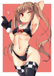 Rule 34 | 10s, 1girl, arm behind head, armpits, asake ameji, bikini, blowing kiss, blush, breasts, brown hair, heart, kantai collection, light brown hair, long hair, looking at viewer, murasame (kancolle), navel, one eye closed, race queen, red eyes, solo, standing, swimsuit, thighhighs, twintails
