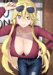 Rule 34 | 1girl, absurdres, adjusting eyewear, ahoge, aviator sunglasses, blonde hair, blue eyes, breasts, brick wall, casual, cleavage, collarbone, commentary request, denim, downblouse, eyewear on head, hand on own hip, highres, iowa (kancolle), jeans, kantai collection, large breasts, leaning forward, long hair, pants, rinrin kai, scoop neck, sidelocks, smile, solo, star-shaped pupils, star (symbol), sunglasses, sweater, symbol-shaped pupils, very long hair