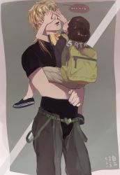 Rule 34 | 2boys, aged down, backpack, bag, baiyishaonian huam, black hair, blonde hair, carrying, child, child carry, covering another&#039;s eyes, covering own eyes, dio brando, father and son, giorno giovanna, haruno shiobana, headband, highres, jojo no kimyou na bouken, male focus, multiple boys, vento aureo