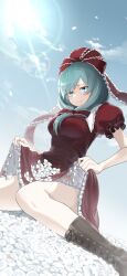 Rule 34 | 1girl, absurdres, aqua eyes, boots, bow, breasts, dress, dutch angle, flower, frilled bow, frilled ribbon, frills, front ponytail, green hair, highres, kagiyama hina, lens flare, lifted by self, looking at viewer, medium breasts, outdoors, puffy short sleeves, puffy sleeves, red bow, red dress, red ribbon, ribbon, short sleeves, shot (shot0598), sky, smile, solo, thighs, touhou, white flower