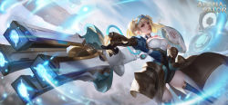 Rule 34 | arena of valor, blonde hair, breasts, capheny (arena of valor), closed mouth, clothing request, commentary, commentary request, copyright name, english text, gloves, hand on own hip, highres, large breasts, pointing, solo, spacecraft, tagme, thighhighs, watermark, web address, y xun