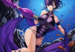 Rule 34 | 1girl, black hair, blush, breasts, fate/grand order, fate (series), glasses, hair between eyes, hair ornament, highleg, highleg swimsuit, large breasts, murasaki shikibu (fate), murasaki shikibu (swimsuit rider) (fate), murasaki shikibu (swimsuit rider) (first ascension) (fate), one-piece swimsuit, purple eyes, purple shawl, shawl, short ponytail, single thighhigh, smile, solo, suminagashi, swimsuit, thighhighs