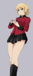 Rule 34 | 1girl, absurdres, black footwear, black skirt, blonde hair, blue eyes, boots, braid, closed mouth, commentary request, cup, darjeeling (girls und panzer), girls und panzer, grey background, highres, holding, holding cup, holding saucer, jacket, knee boots, long sleeves, looking to the side, military uniform, miniskirt, partial commentary, pleated skirt, red jacket, saucer, short hair, simple background, skirt, smile, solo, st. gloriana&#039;s military uniform, standing, teacup, twin braids, uniform, yoyokkun