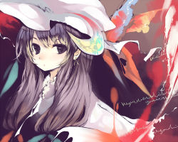 Rule 34 | 1girl, blue bow, bow, collar, crescent, female focus, frills, hair bow, hat, k (li), long hair, looking at viewer, mob cap, multi-tied hair, patchouli knowledge, purple eyes, purple hair, red bow, sidelocks, solo, touhou, upper body, very long hair