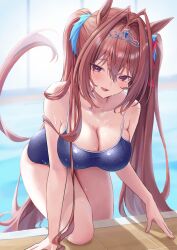 Rule 34 | alternate costume, animal ears, blush, breasts, brown hair, competition swimsuit, daiwa scarlet (umamusume), fang, highres, huziko32, large breasts, long hair, one-piece swimsuit, open mouth, pool, red eyes, swimsuit, tiara, twintails, umamusume, water, wet