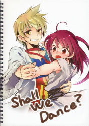 Rule 34 | 1boy, 1girl, ahoge, ali baba saluja, blonde hair, blush, collarbone, dancing, english text, grin, holding hands, hetero, holding, long hair, magi the labyrinth of magic, morgiana, noa (meing), open mouth, red eyes, red hair, side ponytail, sketchbook, smile, white background, yellow eyes