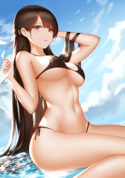 Rule 34 | 1girl, absurdres, an yasuri, animal print, arm up, bare arms, bare shoulders, bikini, bird, black bikini, blue sky, blush, breasts, brown hair, butterfly print, cloud, day, groin, hair ornament, hairclip, half updo, hand up, highres, large breasts, long hair, looking at viewer, navel, open mouth, original, outdoors, parted lips, purple eyes, revision, ribbon, side-tie bikini bottom, sitting, sky, solo, stomach, swimsuit, thighs, very long hair, wariza, water, white ribbon