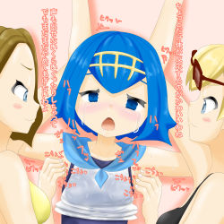 Rule 34 | 3girls, arm up, armpits, arms up, artist request, bikini, black bikini, blonde hair, blue eyes, blue hair, blue one-piece swimsuit, blue sailor collar, blush, breasts, brown hair, clothes lift, collarbone, creatures (company), drooling, empty eyes, eyewear on head, female focus, flat chest, from above, from side, game freak, glasses, hair ornament, half-closed eyes, hand up, headband, heart, highres, lana (pokemon), looking at viewer, looking to the side, lying, matching hair/eyes, multiple girls, nintendo, npc trainer, on back, on side, one-piece swimsuit, open mouth, pink background, pokemon, pokemon sm, red-framed eyewear, restrained, sailor collar, saliva, shirt, shirt lift, short hair, simple background, sleeveless, sleeveless shirt, small breasts, smile, sunglasses, sweat, swimmer (pokemon), swimsuit, tears, text focus, tickling, translation request, wet, wet clothes, wet shirt, white shirt, yellow bikini