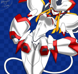 Rule 34 | 1girl, armor, blue background, breasts, colored skin, curvy, darling in the franxx, highres, horns, humanoid robot, large breasts, mecha musume, no nipples, red eyes, robot, shoulder armor, single horn, solo, strelizia, tail, thedarkbreaker, thighs, white skin