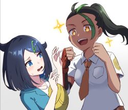 Rule 34 | 2girls, black hair, blue eyes, blush, breast pocket, clenched hands, collared shirt, commentary request, cowlick, creatures (company), fingerless gloves, game freak, gloves, green hair, green jacket, hair ornament, hairclip, hands up, hyoe (hachiechi), jacket, liko (pokemon), long hair, multicolored hair, multiple girls, necktie, nemona (pokemon), nintendo, open mouth, orange necktie, pocket, pokemon, pokemon (anime), pokemon horizons, ponytail, school uniform, shirt, short sleeves, single glove, sparkle, sweatdrop, two-tone hair, white background, white shirt, yellow bag
