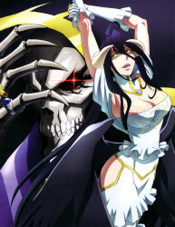 Rule 34 | 1boy, 1girl, absurdres, ainz ooal gown, albedo (overlord), armpits, arms up, bare hips, black hair, black wings, breasts, choker, cleavage, dress, elbow gloves, gloves, glowing, glowing eyes, hair between eyes, highres, hip vent, horns, jewelry, large breasts, long hair, low wings, open mouth, overlord (maruyama), red eyes, ring, skull, slit pupils, white dress, white gloves, wide hips, wings, yellow eyes