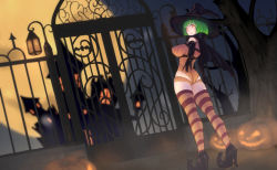 Rule 34 | 1girl, ass, breasts, elbow gloves, full moon, gate, gloves, green hair, halloween, high heels, kemurin, large breasts, looking at viewer, looking back, moon, original, pumpkin, red eyes, short hair, smile, solo, striped clothes, striped thighhighs, thighhighs