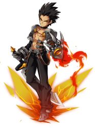 Rule 34 | 1boy, absurdres, artist request, belt, black hair, black neckwear, black pants, buckle, choker, closed mouth, elsword, full body, gloves, highres, holding, holding sword, holding weapon, looking at viewer, male focus, mechanical arms, official art, pants, raven cronwell, reverse grip, scar, shoes, single mechanical arm, solo, spiked hair, standing, sword, taker (elsword), topless male, transparent background, weapon, yellow eyes