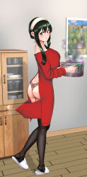 Rule 34 | 1girl, :o, absurdres, accidental exposure, ass, black hair, black panties, black pantyhose, butt crack, cooking pot, full body, hadairo rainbow, hairband, highres, holding cooking pot, indoors, open mouth, panties, pantyhose, red eyes, red skirt, red sweater, shelf, skirt, slippers, solo, spy x family, sweater, thong, underwear, unraveling, walking, white hairband, wooden floor, yor briar