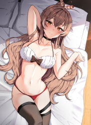 Rule 34 | 1girl, arm behind head, arm up, bed, black choker, bra, breasts, brown eyes, brown hair, brown thighhighs, choker, closed mouth, commentary, crossed bangs, english commentary, feather hair ornament, feathers, hair between eyes, hair ornament, hairclip, hand up, highres, hololive, hololive english, large breasts, lessone, long hair, lying, nanashi mumei, navel, on back, on bed, panties, pillow, ponytail, red panties, smile, solo, stomach, thigh strap, thighhighs, thighs, underwear, underwear only, very long hair, virtual youtuber, wavy hair, white bra